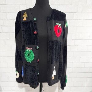Vintage Just B Black Checkered Cardigan w/ Christmas Tree & Wreath Appliqués XL